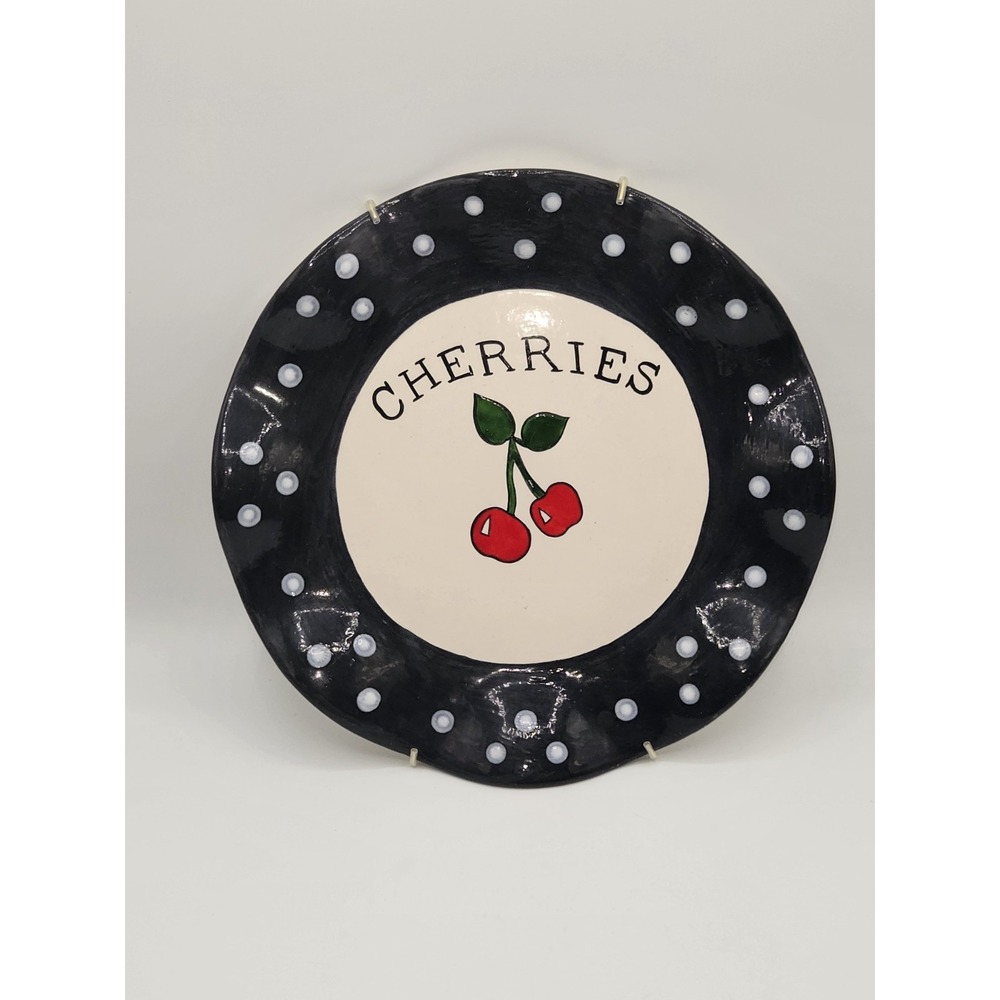 Hand Painted Cherries Wall Plate Black White Polka Dot‎ Kitchen Decor